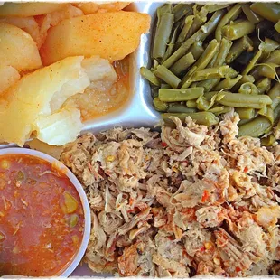 bbq plate with green beans, potatoes and brunswick stew