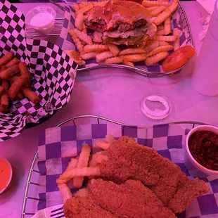 Friend pickles, burger with friend &amp; fried fish with fries!  All the sauces!