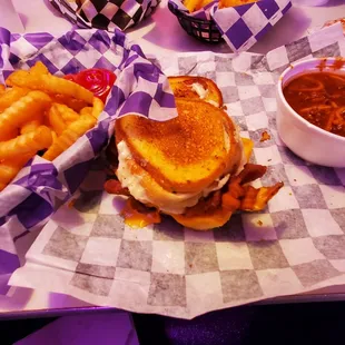 Million Dollar grilled cheese with bacon. Chili.   Fries.  And a hot fudge sundae, I hadnt ordered yet.