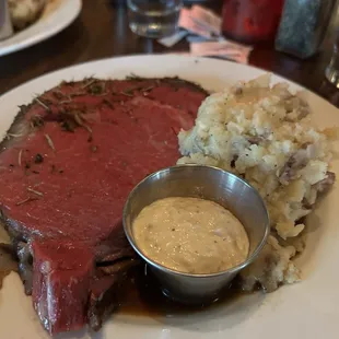 Prime rib with smashed red potatoes. This was ordered medium rare