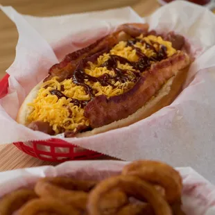 Pick-Me-Up Western Bacon Chili Cheese Dog | Crispy bacon, BBQ Sauce and mounds of freshly shredded cheddar cheese