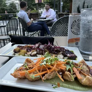 Grilled Octopus and salmon potstickers