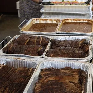 Brisket, ribs, beans, salad, potato salad
