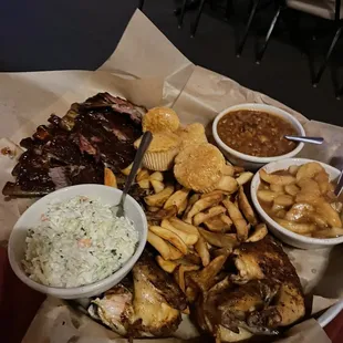 Sampler platter:  brisket, ribs, chicken, beans, cole slaw, fries, corn muffins and baked apples
