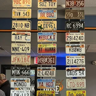 license plates hanging from the ceiling