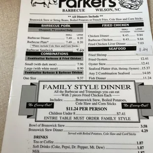 a menu for a family style dinner