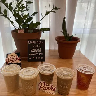 Kentucky Cold Brew, Iced Vanilla Cinnamon Latte, Iced Caramel Macchiato, Iced Mocha, Iced Sweetened Black Tea