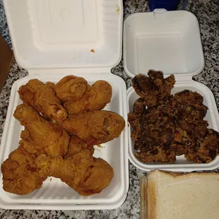$17.50, tax included for fried chicken livers, 8 drumsticks, and 6 slices of white bread.