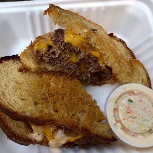 Patty Melt: caramelized onions, 2 patties, melted cheddar, house made burger sauce, and my new favorite bread