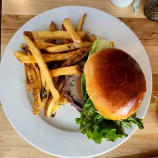 Cheeseburger and fries. Good bun, decent burger. Hit the pre-flight spot