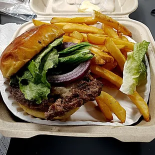 Angus beef burger and fries