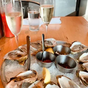 a platter of oysters and a glass of wine