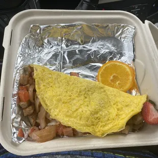 Ham and Swiss omelette with a sausage patty and no potatoes...$21 if ordered as take out!?!?!?!?