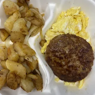 Sausage, scrambled egg, home fries platter