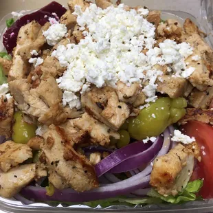 Chicken Greek salad with side of pita bread