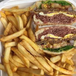 Try our famous Parkside burger ... Cheeseburger topped with cornbeef and egg ...