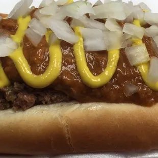 Parkside"s coney special hotdog topped with seasoned ground beef, chili,mustard,onion on steamed bun