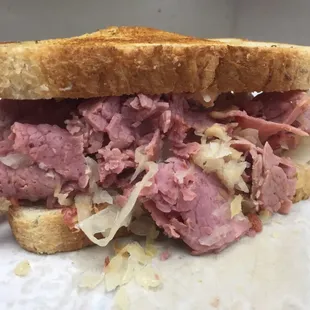 Parkside"s Ruben sandwich,, Cornbeef sauerkraut Swiss cheese and thousand island on rye