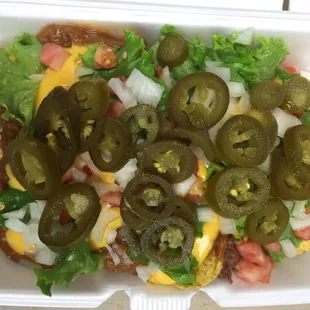 nacho special your choice chicken or beef topped with cheddar cheese jalapeños lettuce tomato onion