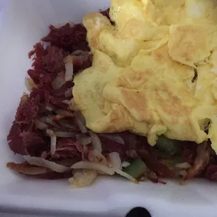 Corn beef hash with scrambled egg