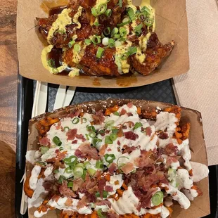 Loaded sweet potato waffle fries (delicious!!) and Asian Tenders (a bit too salty to my liking)