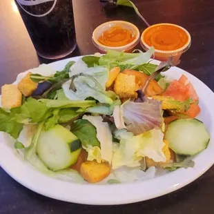 02/28/2025 dinner salad no carrots:)  they got that dark purple lettuce though pretty interesting taste good  French dressing Diet Pepsi