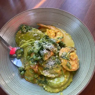 Artichoke Ravioli w/Tiger Prawns.  Delish