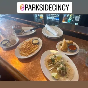 Empanadas,French fries, buffalo chicken roll and the classic burger