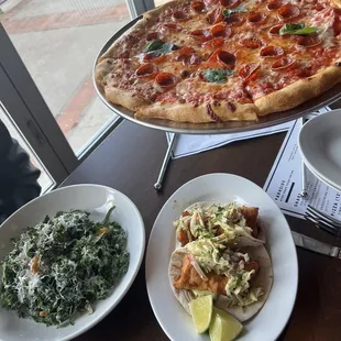 Hot Honey Pepperoni Pizza, Fish Tacos and Kale Salad