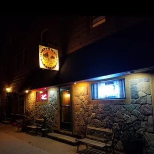 the front of the hotel at night