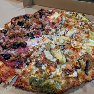 Medium size pizza. Half house special, half River.