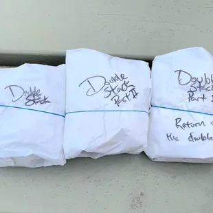 Someone had fun labeling the sandwiches for our takeout order!
