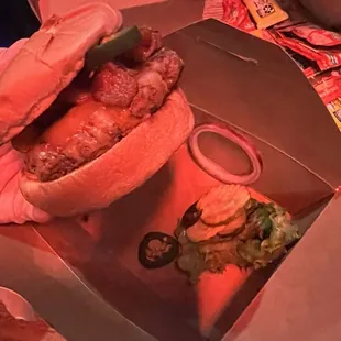 Wonderful thick cheeseburger all the best toppings. Two handed burger!