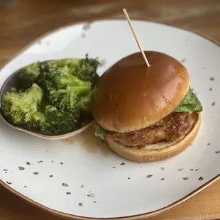 Honey chipotle chicken sandwich and broccoli