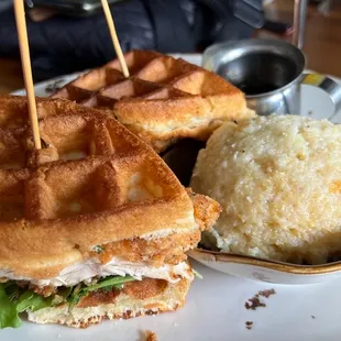 Chicken &amp; Waffle Sandwich with cheese grits