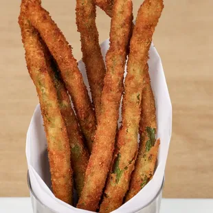 a cup of fried green beans