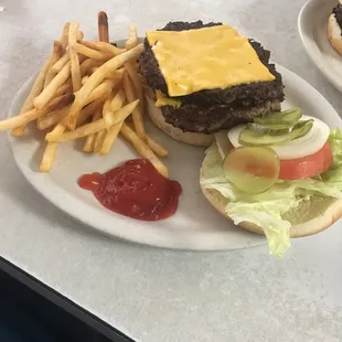 The double view with cheese deluxe and French fries.