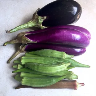 They are so fresh, eggplants $3, okras $2.   08/09/2017.