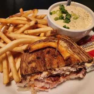 Lunch Special: 1/2 soup &amp; sandwich, plus a side. Today was potato soup and turkey Reuben