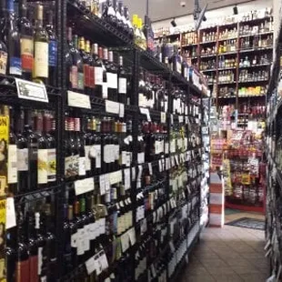 the aisle of a liquor store