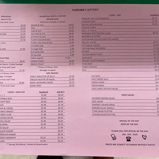 Updated menu prices 12/24/22
