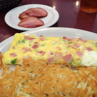 Western Omelet, Hashbrowns, and Canadian Bacon