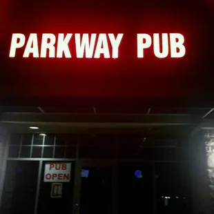 the front of the building at night