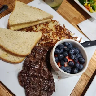 Breakfast steak meal(I substituted fruit for the eggs)