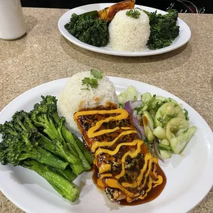 Soy Salmon with broccolini, rice, and cucumber salad