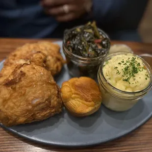 Fried Chicken, Braised Collard Greens, Yukon Gold Mashed Potatoes, muffin