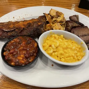 Ribs, brisket, chicken, Mac and cheese and bbq beans