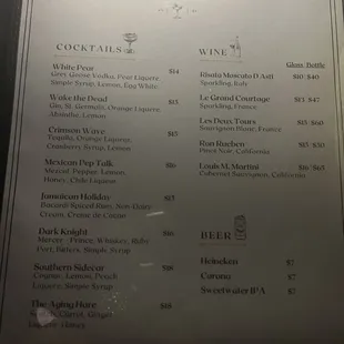 Drink menu