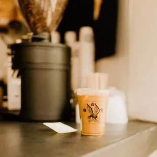 a coffee cup on a counter
