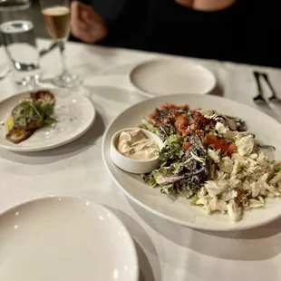 Foie gras with apricot &amp; date paste. Blue Crab salad with burrata &amp; balsamic drizzle.